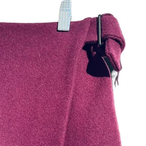 KATE SPADE Saturday Wool Mini Skirt Faux Wrap Maroon Buckle asymmetrical - Picture 3 of 5